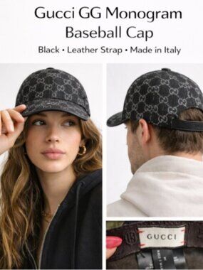 Gucci GG Monogram Baseball Cap Black Leather Strap Adjustable Size M